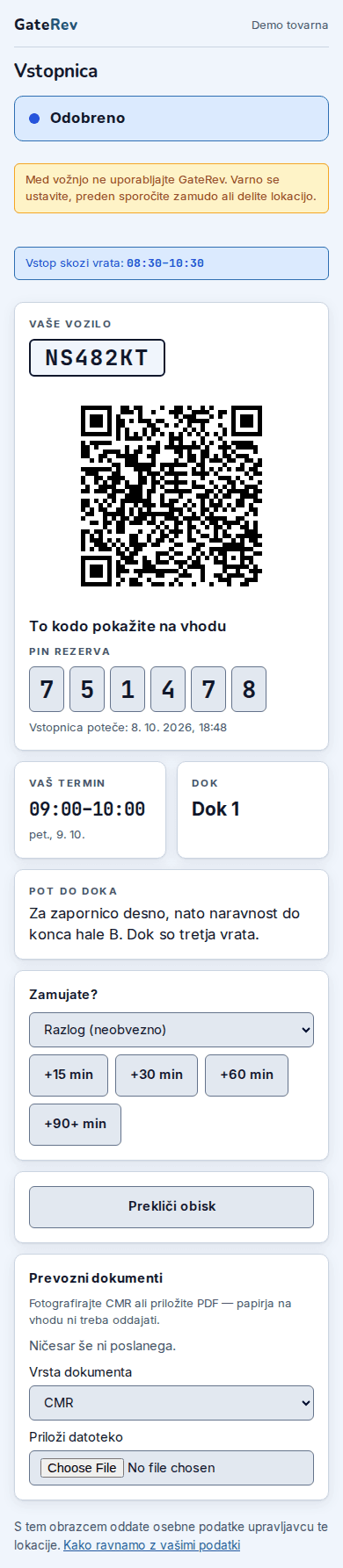 Voznikova prepustnica na telefonu, s kodo QR, ki jo pokaže na vhodu.